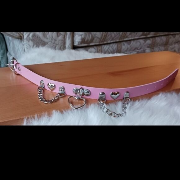 Pink Silver Heart Shaped Choker Necklace, PINK Silver Heart Pendant Choker - Picture 5 of 12